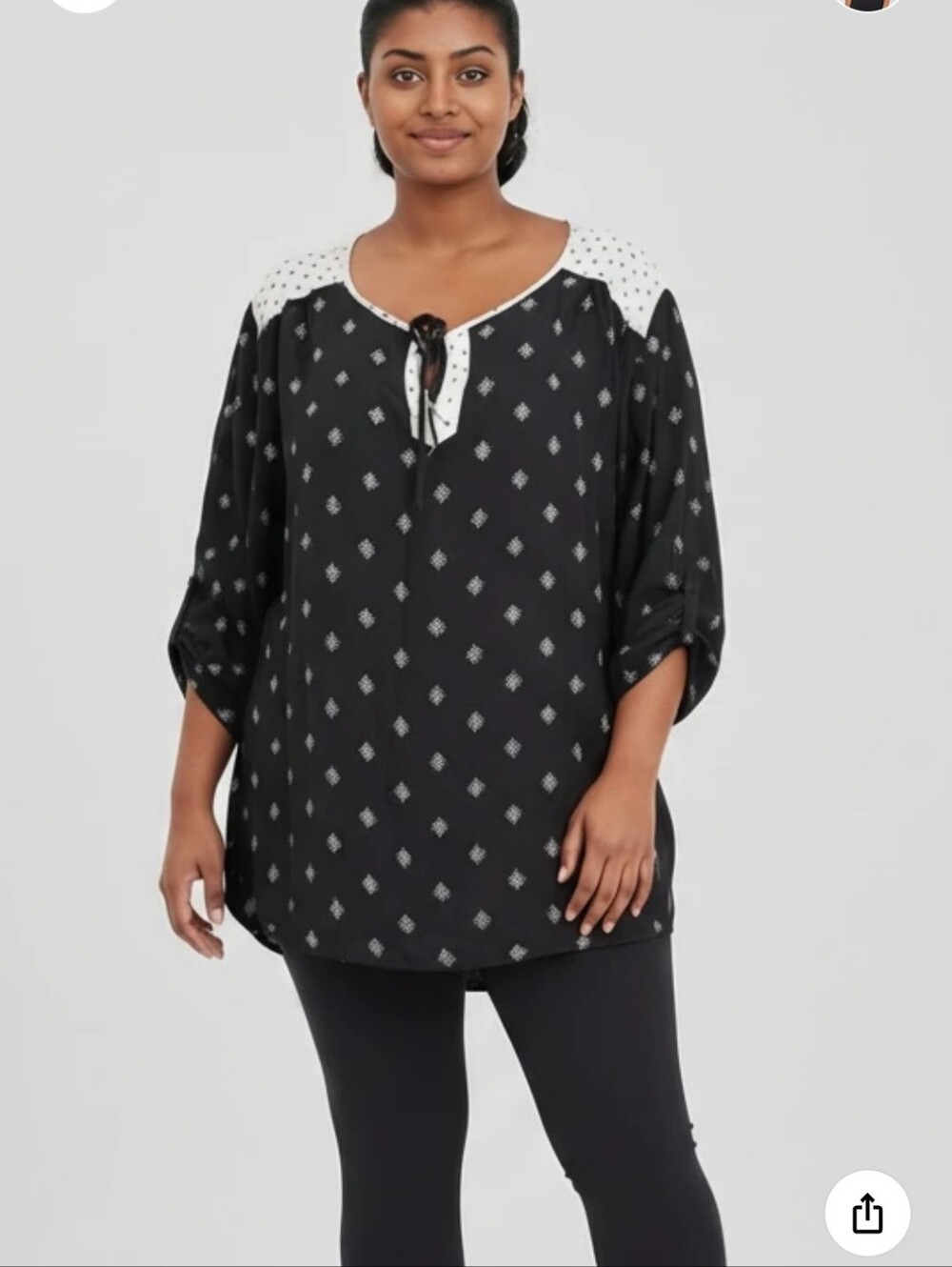Basic Editions Black and White Printed Tie-Neck Long Sleeve Tunic Top